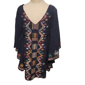 Judith March Blue Embroidered Boho Hipp Double V Mini Dress/Tunic Top Size Small